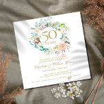 Invitation 50e anniversaire Mariage d'or Aquarelle Florale<br><div class="desc">Doté d'une délicate guirlande rose fleurie à l'aquarelle,  cet élégant carré botanique 50e anniversaire mariage peut être personnalisé avec vos informations spéciales anniversaire. Au verso,  une guirlande fleurie assortie encadre vos dates d'anniversaire en texte or élégant sur un arrière - plan doré. Conçu par Thisisnotme©</div>