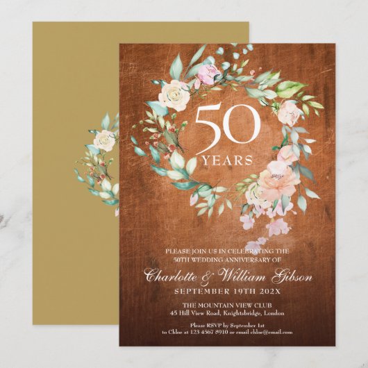 Invitation 50e anniversaire Mariage d'or Bois rustique Floral (Devant / Derrière)