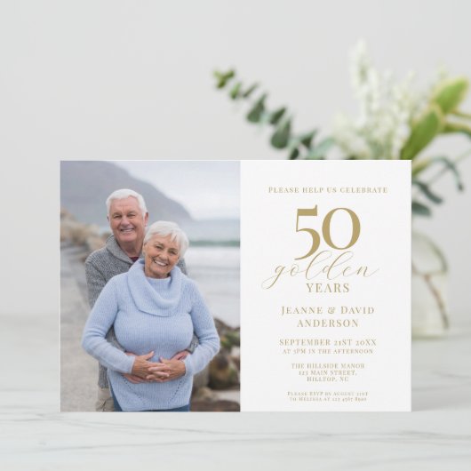 Invitation 50e anniversaire Mariage Elégant 50 Gold Photo (Debout devant)