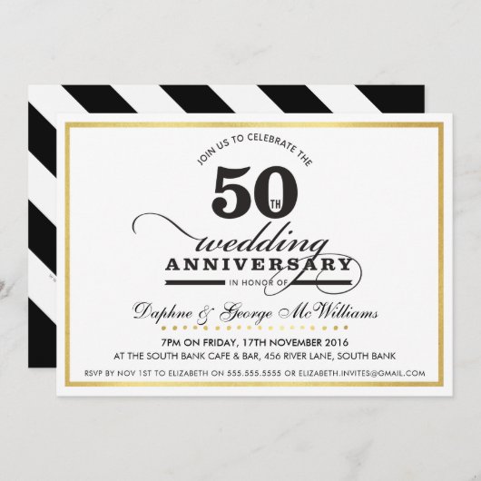 Invitation 50E ANNIVERSAIRE MARIAGE élégant or noir invitatio (Devant / Derrière)