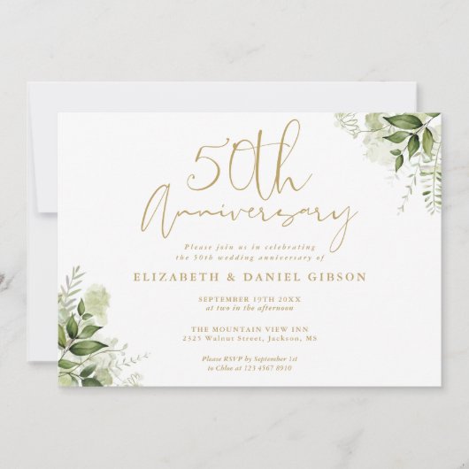 Invitation 50e anniversaire Mariage Gold Script Floral (Devant)