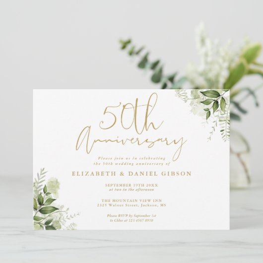 Invitation 50e anniversaire Mariage Gold Script Floral (Debout devant)