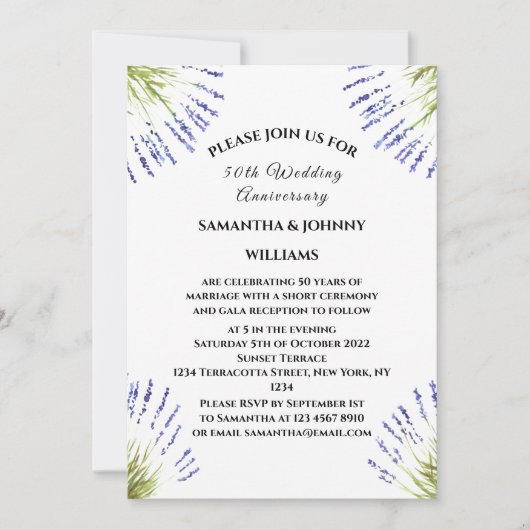Invitation 50e anniversaire Mariage Lavande florale Rustique (Devant)