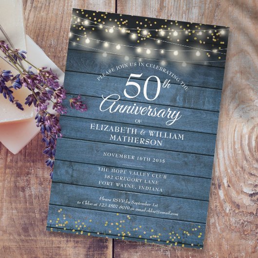 Invitation 50e anniversaire Mariage or cordes éclat rustique