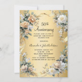Invitation 50e anniversaire mariage or jaune fleuri luxe (Devant)