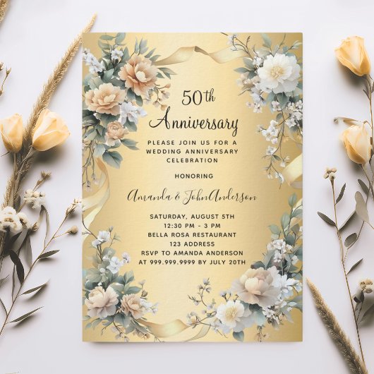 Invitation 50e anniversaire mariage or jaune fleuri luxe