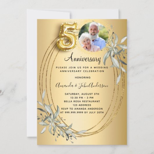 Invitation 50e anniversaire mariage or photo vert (Devant)