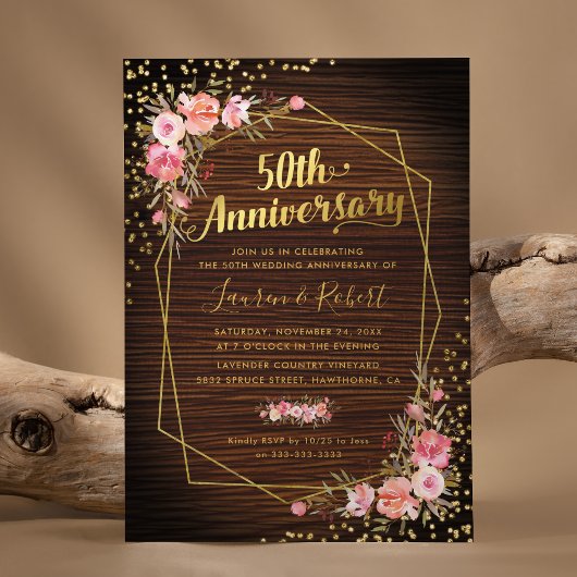 Invitation 50e anniversaire Mariage Rustique or rose floral