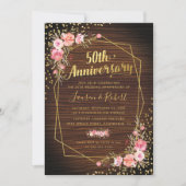 Invitation 50e anniversaire Mariage Rustique or rose floral (Devant)