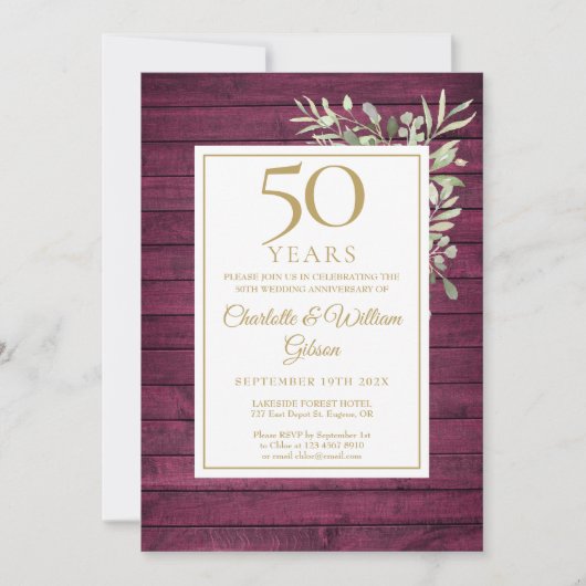 Invitation 50e anniversaire Mariage Rustique Rouge Bois vert (Devant)