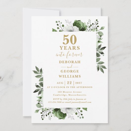 Invitation 50e anniversaire Mariage Verdure Floral Monogramme (Devant)
