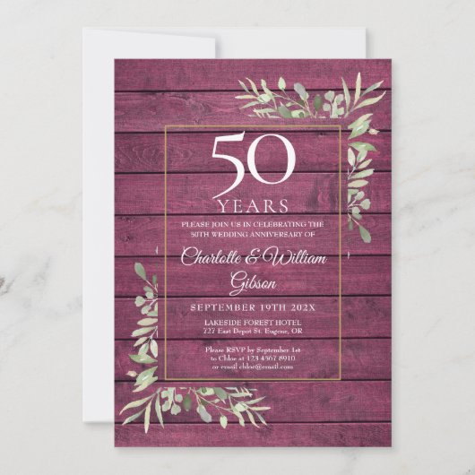Invitation 50e anniversaire Mariage verdure rustique bois rou (Devant)