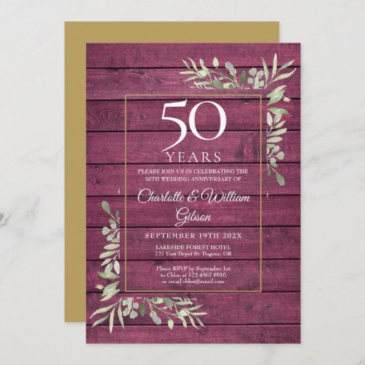 Invitation 50e anniversaire Mariage verdure rustique bois rou (Devant / Derrière)