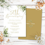 Invitation 50e anniversaire Mariage Verdure Script or<br><div class="desc">Cette élégante invitation de 50e anniversaire mariage à la verdure botanique peut être personnalisée avec vos informations en typographie or chic avec vos dates spéciales au verso. Conçu par Thisisnotme©</div>