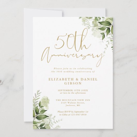 Invitation 50e anniversaire Mariage Verdure Script or (Devant)