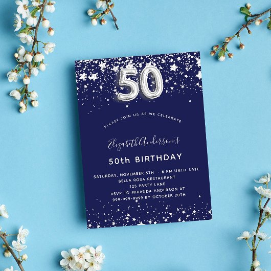 Invitation 50e anniversaire marine bleu argent étoiles luxe
