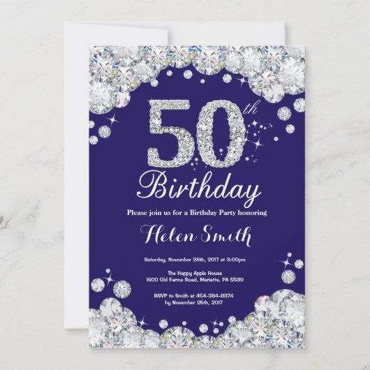Invitation 50e anniversaire Marine Bleu et Diamant d'argent (Devant)