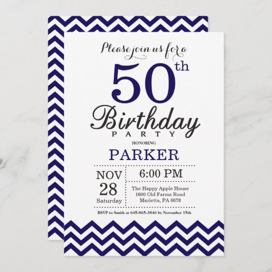 Invitation 50e anniversaire Marine Blue Chevron (Devant / Derrière)