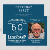 Invitation 50e anniversaire Modèle photo Légende Bleu Vintage (Devant / Derrière)