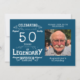 Invitation 50e anniversaire Modèle photo Légende Bleu Vintage