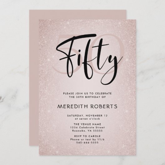 Invitation 50e anniversaire Modern Script Rose Gold Party (Devant / Derrière)