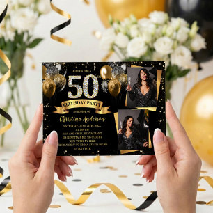 Invitation 50e Anniversaire Moderne Ballons Pailletés Or 2 Ph