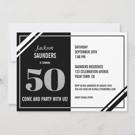 Invitation 50e anniversaire moderne Black and White Party (Devant)