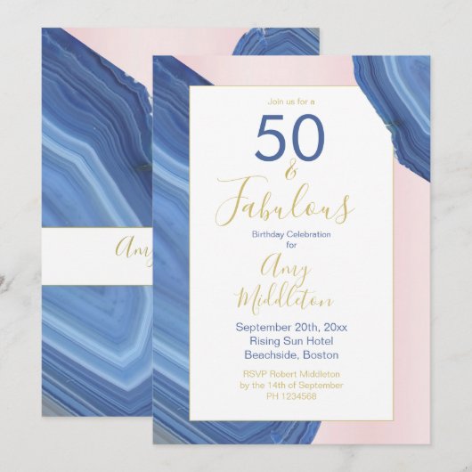 Invitation 50e Anniversaire Moderne Bleu Rose Agate Roche Min (Devant / Derrière)