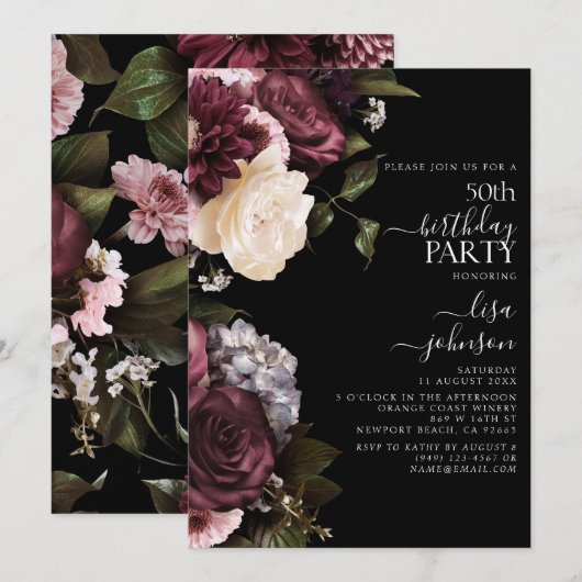 Invitation 50e anniversaire Moderne Dark Moody Bourgogne Flor (Devant / Derrière)
