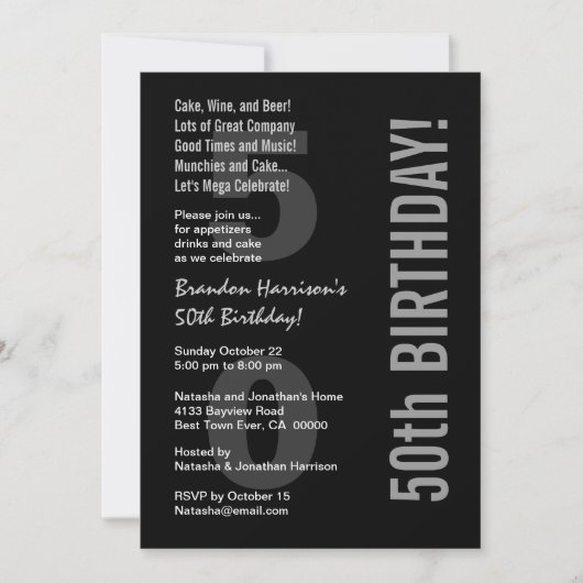Invitation 50e anniversaire moderne noir blanc argent V31 (Devant)