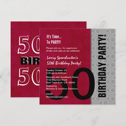 Invitation 50e anniversaire moderne rouge argent noir C947 (Devant / Derrière)