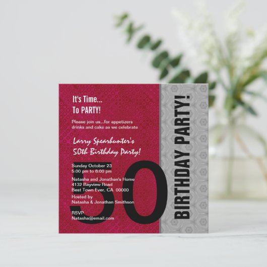 Invitation 50e anniversaire moderne rouge argent noir C947 (Debout devant)
