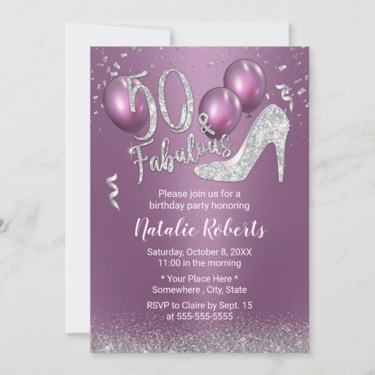 Invitation 50e anniversaire moderne violet & argent Fabuleux  (Devant)