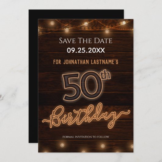 Invitation 50e anniversaire Neon Enregistrer la date Invitati (Devant / Derrière)