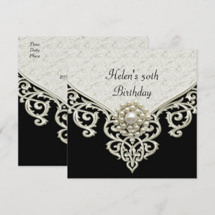 Invitation 50e Anniversaire Noir Blanc Crème Perle joyau