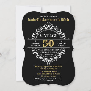 Invitation 50e anniversaire noir blanc et or Vintage