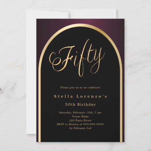Invitation 50e anniversaire noir bordeaux or arc script (Devant)