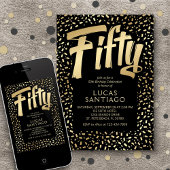 Invitation 50e anniversaire Noir Confetti Or
