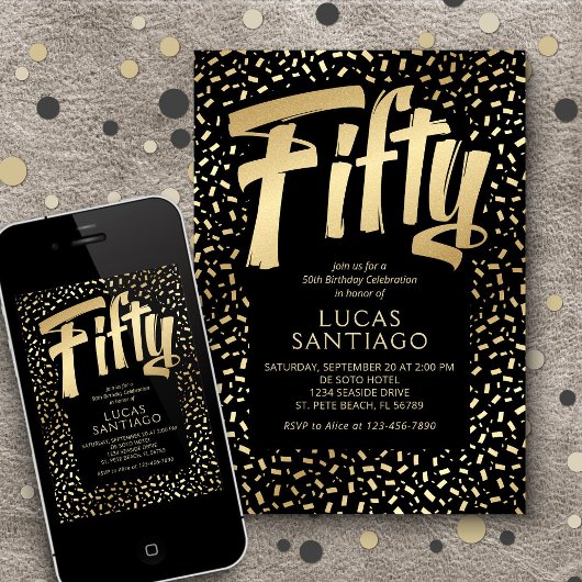 Invitation 50e anniversaire Noir Confetti Or
