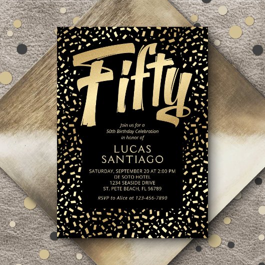 Invitation 50e anniversaire Noir Confetti Or