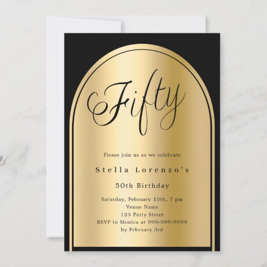 Invitation 50e anniversaire noir or arche script élégant (Devant)
