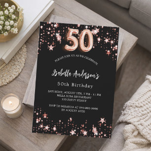 Invitation 50e anniversaire noir or rose étoiles luxe