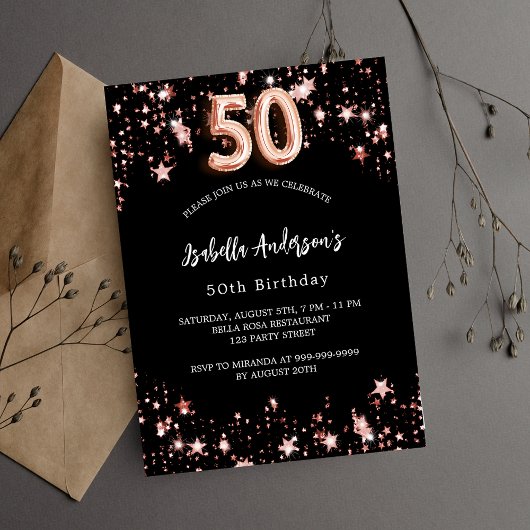 Invitation 50e anniversaire noir or rose étoiles luxe