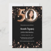 Invitation 50e anniversaire noir rose or photo étoiles luxe (Devant)