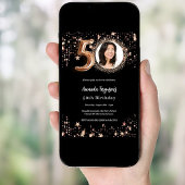 Invitation 50e anniversaire noir rose or photo étoiles luxe