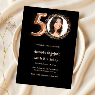 Invitation 50e anniversaire noir rose or photo luxe