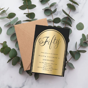 Invitation 50e anniversaire noir script d'arc en or luxe