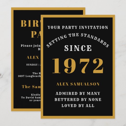 Invitation 50e anniversaire Nom 1972 Elegant Chic Black Gold (Devant / Derrière)