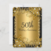 Invitation 50e Anniversaire Or Diamant noir floral torale (Devant)