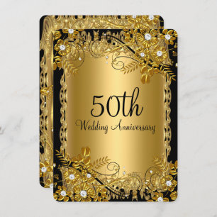 Invitation 50e Anniversaire Or Diamant noir floral torale